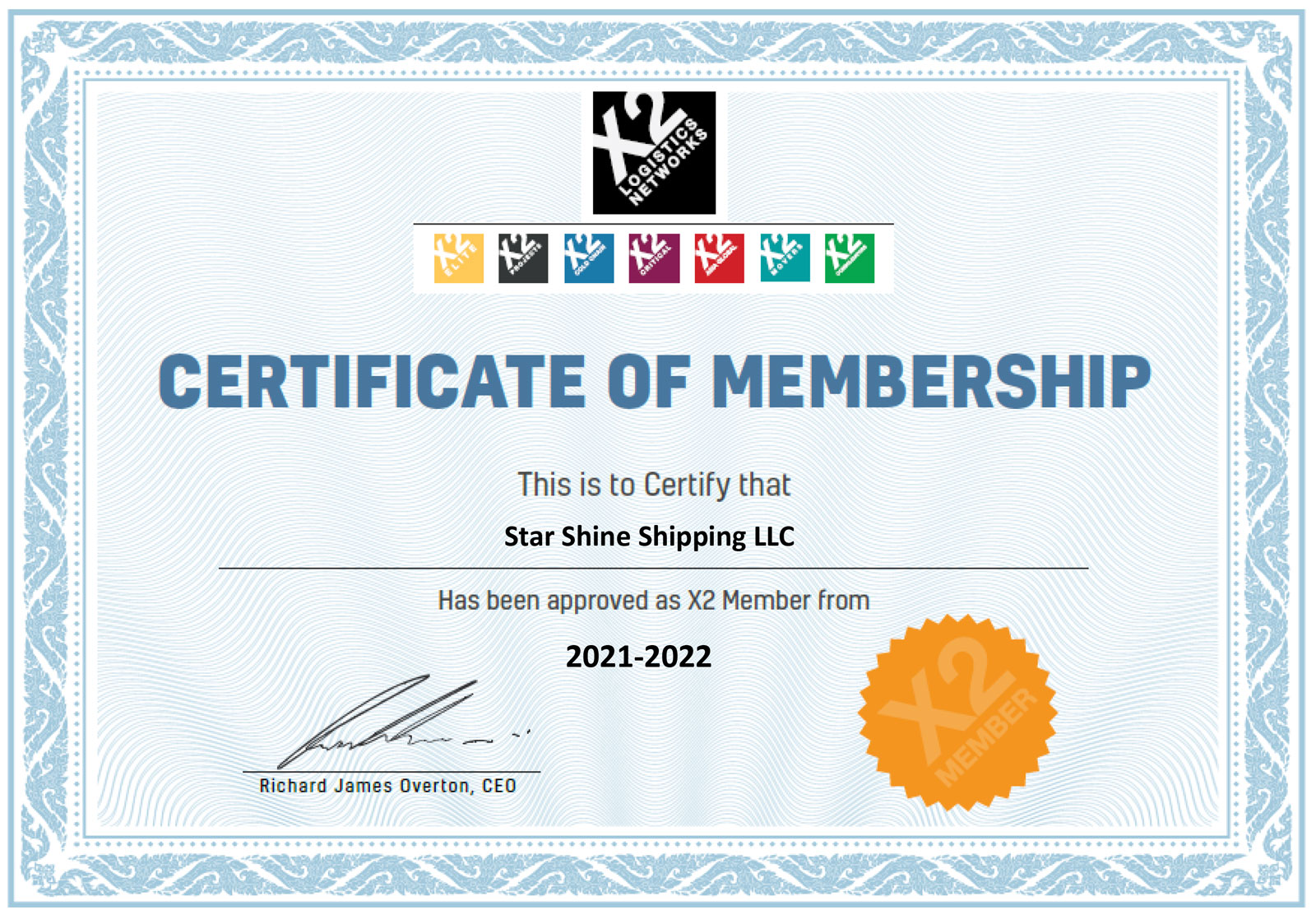 Сертификат Стар Шайн Шиппинг международной ассоциации экспедиторов X2 Logistics